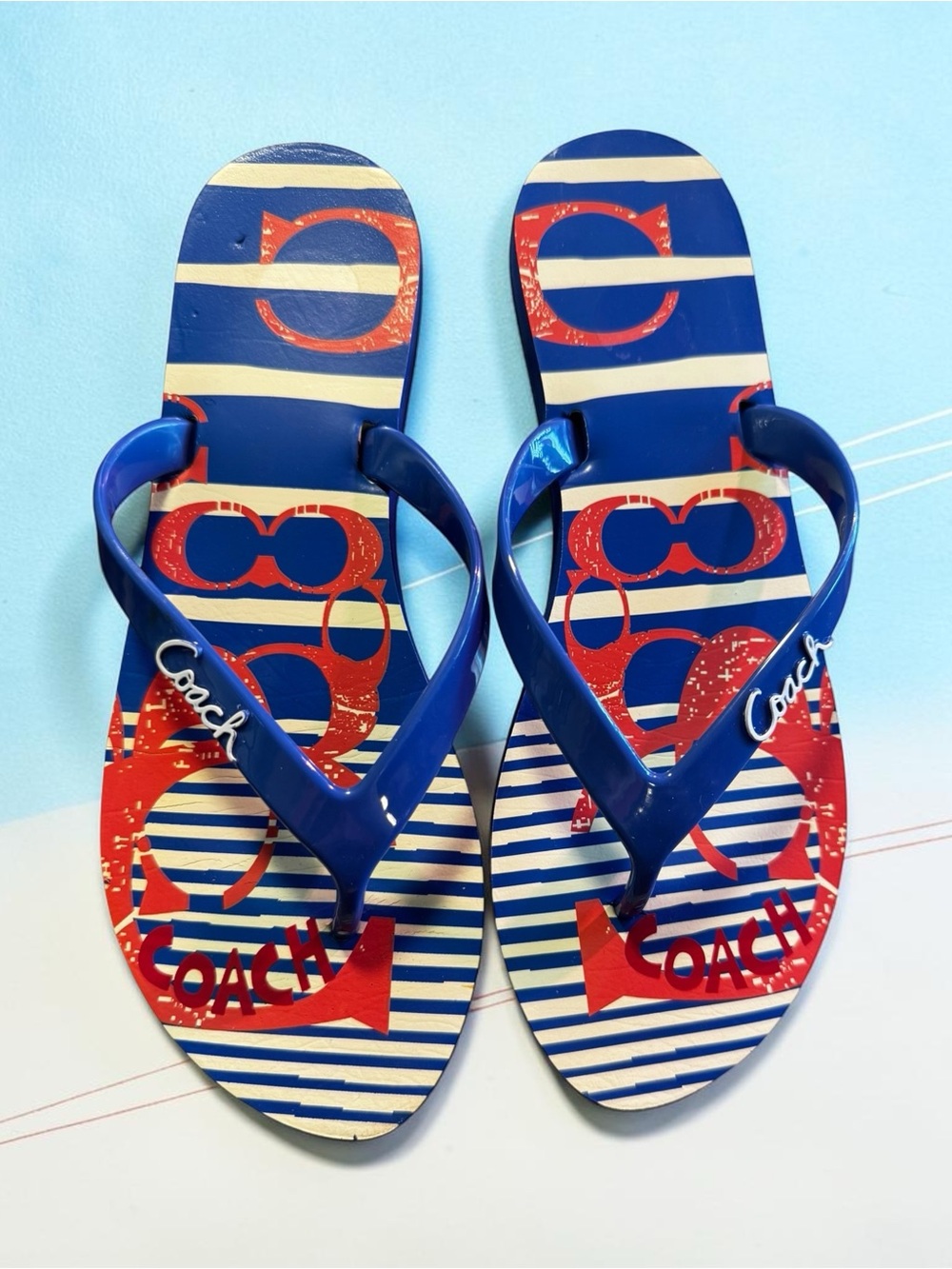 Coach Nautical Flip Flops Sandals Blue Red White Size 6
